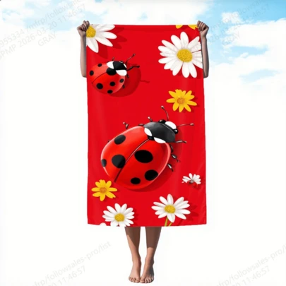 Mariquita linda sobre fondo rojo, con toalla de playa, toalla de baño y toalla de piscina súper absorbente con margarita blanca, ideal para excursiones a la playa en primavera y verano, perfecta para viajes, natación, campamento, surf, buceo, deportes y actividades en la playa