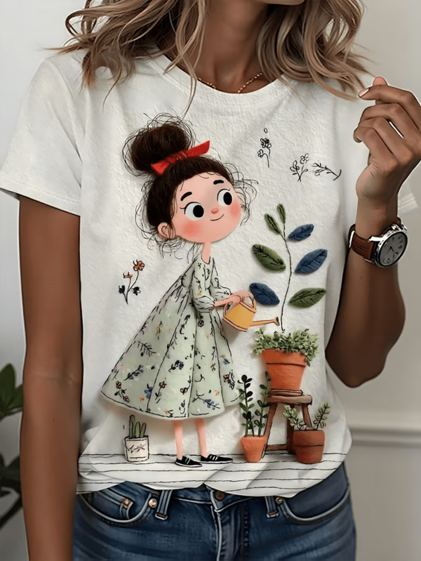 Camiseta de manga corta con cuello redondo y estampado de niña romántica, de estilo casual para mujer de talla grande