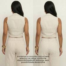 Elegant Women's Linen Vest And High-Waisted Pants Set - Krem - View 9