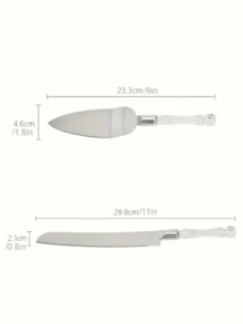 两件套不锈钢蛋糕刀铲套装，包含一把蛋糕刀和一把带塑料水晶手柄的不锈钢铲，适用于婚礼蛋糕、生日、周年纪念日和节日派对。 - 查看 3