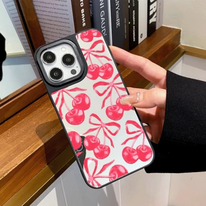 Funda de teléfono móvil con lazo y cereza compatible con iPhone 17/17 Pro Max/16/16 Plus/15 Pro Max/11/14 Pro/XR 15/14/13/12, elegante y exclusiva con cobertura completa, protección anti-caídas y espejo de maquillaje