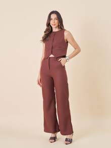 Linen Set Consisting Of A Turtleneck Vest And Trousers With Covered Button Details. - Rust Brown - View 1