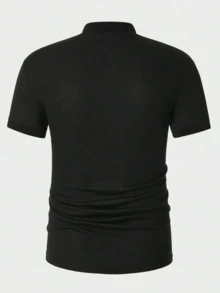 FRACTYR Men's Basic Fashionable Minimalist Solid Color Contrast Collar Polo Shirt, Suitable For Layering Or Standalone Wear - Black - View 3