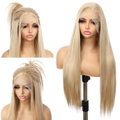 13x4 Long Straight Golden Blonde Synthetic Lace Front Wig, Glueless Lace Front Wig