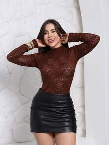 Women's Lace Bodysuit Blouse With Long Sleeves And Collar, Modern, Elegant,  2026, Transparent, For São João/Party/MogaGringa Blouse - 鏽棕色 - 查看 1