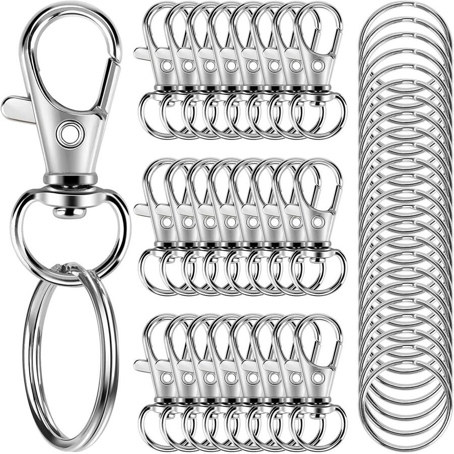 100 piezas Mosquetón giratorio con llavero, 50 piezas Clips para llavero y 50 piezas Anillos para llavero, para llaveros, joyería, cuerda colgante de manualidades - juego de llaveros - Ver 1