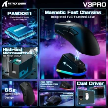 ATTACK SHARK V3 Pro 无线游戏鼠标，带磁吸充电底座：62克超轻 - 1000Hz 轮询率 - 25,000 DPI - PAW3311 传感器，有线/蓝牙/2.4GHz 可编程，BK52820 IC - 查看 2