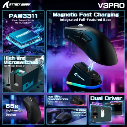 ATTACK SHARK V3 Pro Wireless Esports Gaming Mouse With Magnetic Charging Dock:62g Lightweight-1K Polling-25K DPI-PAW3311 Sensor,Wired/BT/2.4Ghz Programmable,BK52820 IC