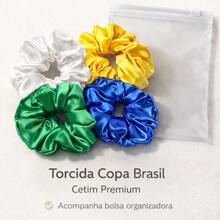 Scrunchie Cetim Cores Verde Amarelo Azul Branco – Edição Copa 4 Unidades - Verde,amarelo,azul e branco - Visão 7