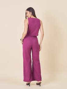 Linen Set Consisting Of A Turtleneck Vest And Trousers With Covered Button Details. - 酒紅色 - 查看 3