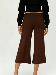 Women Solid Color Fold Over Capri Casual Low Rise Straight Wide Leg Cropped Pants Vintage Polka Dots Stripes Printed Three Quarter Trousers Gym Yoga Workout Lounge Wear Bottoms - màu nâu - Xem 2