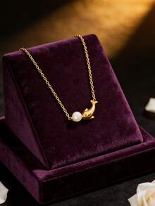 VceTd 1pc Cute Dolphin Shaped Stainless Steel Pendant Necklace With White Bead Decor, Suitable For Women's Beach Vacation Or Daily Wear, Also Makes A Great Gift - Yellow Gold - View 6