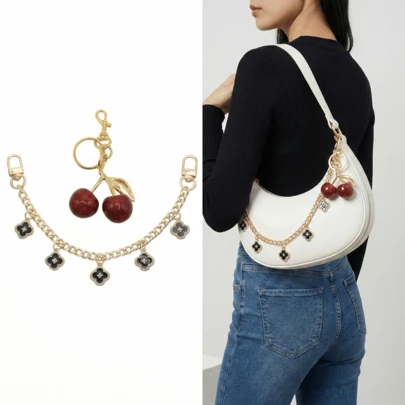 2Pcs Retro Aesthetic Cherry Bag Charm & Glitter Butterfly Purse Chain Set, Y2K Retro Red Cherry Keychain With Flower Charms, DIY Fashion Bag Accessories For Women
