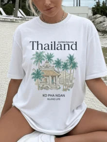 Women's Spring/Summer Clothing Hand-Painted Style Coconut Trees Thai Architecture Thailand Fashion Casual Loose Fit Round Neck Printed Short Sleeve Cotton Oversized Drop-Shoulder-Shirt - trắng - Xem 1