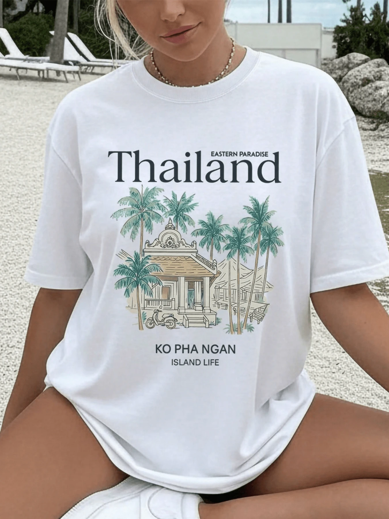 Women's Spring/Summer Clothing Hand-Painted Style Coconut Trees Thai Architecture Thailand Fashion Casual Loose Fit Round Neck Printed Short Sleeve Cotton Oversized Drop-Shoulder-Shirt - 白色 - 查看 1