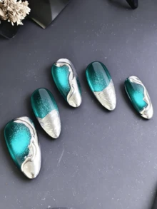 10 Móng Tay Giả Nữ Phong Cách Y2K, Móng Tay Giả Làm Thủ Công Bằng Acrylic Với Kim Tuyến Xanh Ngọc & Xoáy Bạc Kim Loại, Hình Dáng Hạnh Nhân Bóng, Móng Tay Giả Tái Sử Dụng Cho Tiệc Tùng, Hòa Nhạc, Lễ Hội, Sử Dụng Hàng Ngày, Dụng Cụ Làm Móng, Keo Dán Móng - Nhiều màu - Xem 5