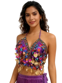 女士肚皮舞服装，夏季新款练习服，演出服，女士套装，舞蹈服，胸衣上装+腰链+开衩裙 - 彩色 - 查看 24