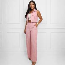 Elegant Women's Linen Vest And High-Waisted Pants Set - Baby Pink - View 1