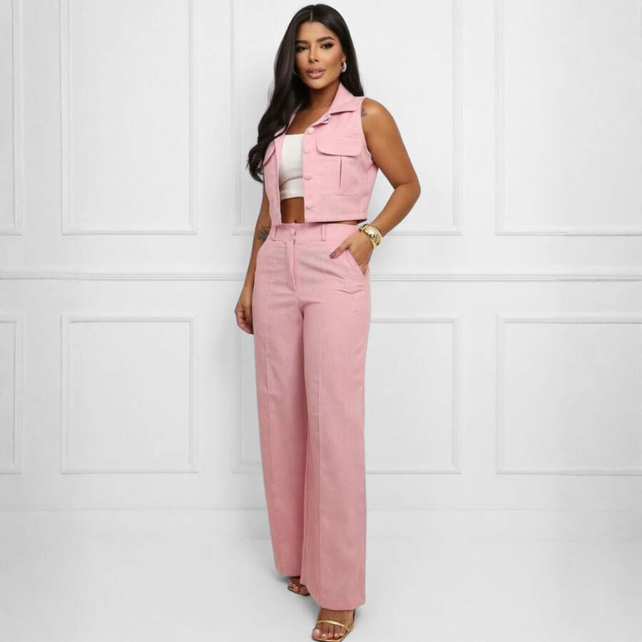 Elegant Women's Linen Vest And High-Waisted Pants Set - Baby Pink - View 1