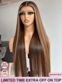 即戴即走，无需胶水，真人混纺发丝，预先拔毛、预先剪裁，200%密度，5x5高清蕾丝前假发，女士直发，无需胶水蕾丝闭合假发，13x4/13x6高清蕾丝前假发，#4/27蜂蜜金渐变挑染 - SP4/27 - 查看 2