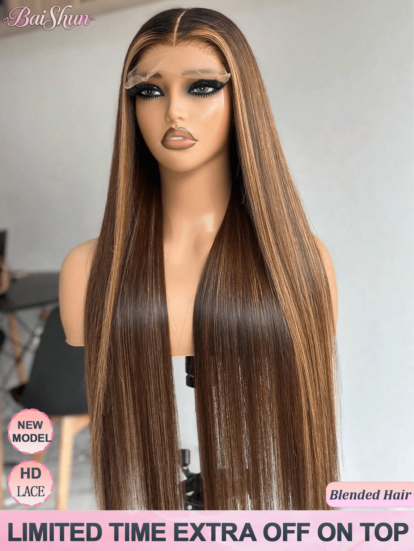 即戴即走，无需胶水，真人混纺发丝，预先拔毛、预先剪裁，200%密度，5x5高清蕾丝前假发，女士直发，无需胶水蕾丝闭合假发，13x4/13x6高清蕾丝前假发，#4/27蜂蜜金渐变挑染