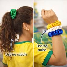 Scrunchie Cetim Cores Verde Amarelo Azul Branco – Edição Copa 4 Unidades - Verde,amarelo,azul e branco - Visão 5