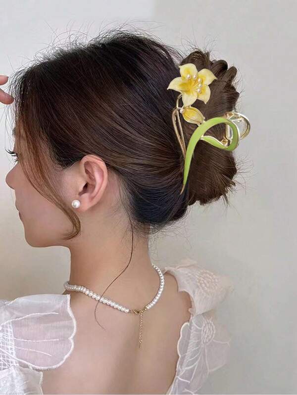 1pc Women's Multi-Color Flower Leaf Alloy Pearl Drip Oil Decoration Fixed Hair Fashion Large Hair Claw Suitable For Daily Use