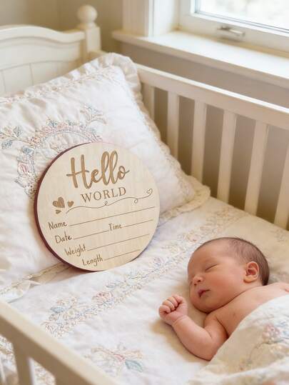 1 pieza Cartel de madera "Hola Mundo" para marcar hitos del bebé recién nacido, placa con datos del nacimiento, decoración para baby shower, marcador de hitos del bebé, tablero de anuncio del nacimiento