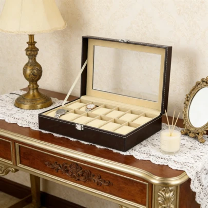 Watch Box With 12 Slots, Watch Case With Glass Lid, Removable Watch Pillows, Metal Clasp, Black Faux Leather, Beige Lining, Gift Idea, Men And Women Display Jewellery Holder Watches Sunglasses Rings Necklaces Bracelets Storage Boxes Organizer For Home Office Collection Room
