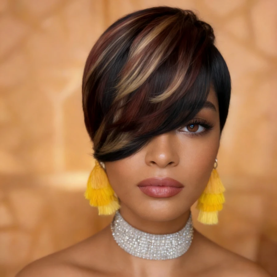 Summer Style Side Part Layered Short Brown Wigs With Gold Red Highlights Realistic Wig Synthetic Easy Install Wigs Whisper Lite Skunk Stripe Hair Edgy Short Pixie Wig Asymmetrical Fringe And Rich Feathery Layers Shades Of Brown Pixie Layered - black with brown blonde highlights - 查看 1