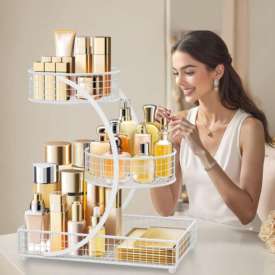 Senmeo 1pc Sleek 3-Tier Metal Cosmetic Organizer (No Installation), Space-Saving For Dressing Table/Bathroom - White - View 1