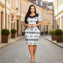 Plus Size Midi Sheath Dress In Lace/Guipure With Lining (Shaping Effect) – Short Sleeves – Modest/Evangelical Fashion – Sizes S To XL - 白色 - 查看 4