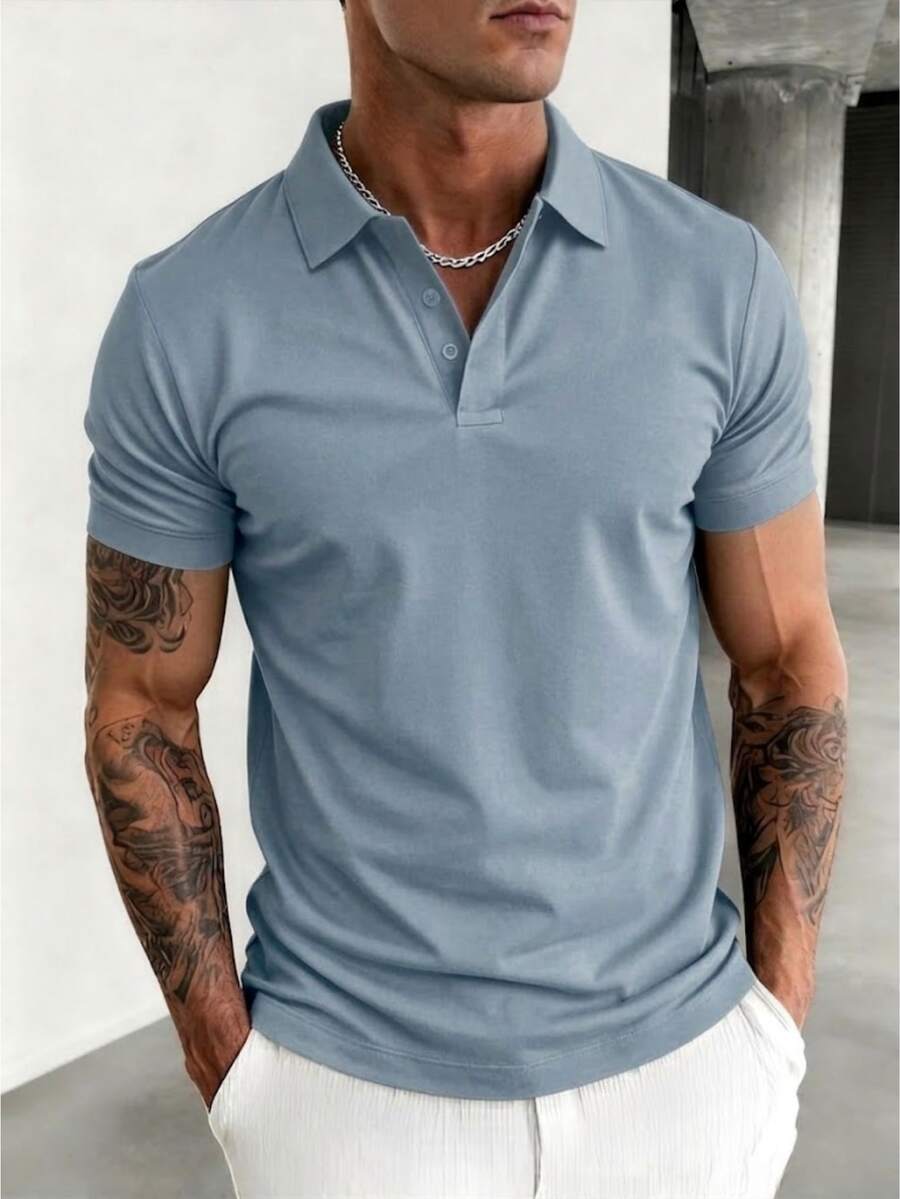 Basic Polo Shirt With Classic Collar And Short Sleeves, Comfortable, Breathable, Piqué Cotton, Casual, Spring/Summer, Men's. - 淺藍色 - 查看 1