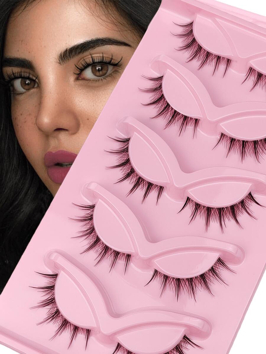 Natural "Little Devil" Look – 5 Pairs Extra Small Capacity Transparent Stem Short-Style Tapered Winged Full Strip False Eyelashes For Double Eyelids – Realistic Manga & Cosplay Lashes For Sensitive Eyes, Beginners, Nude Makeup Wear - View 1