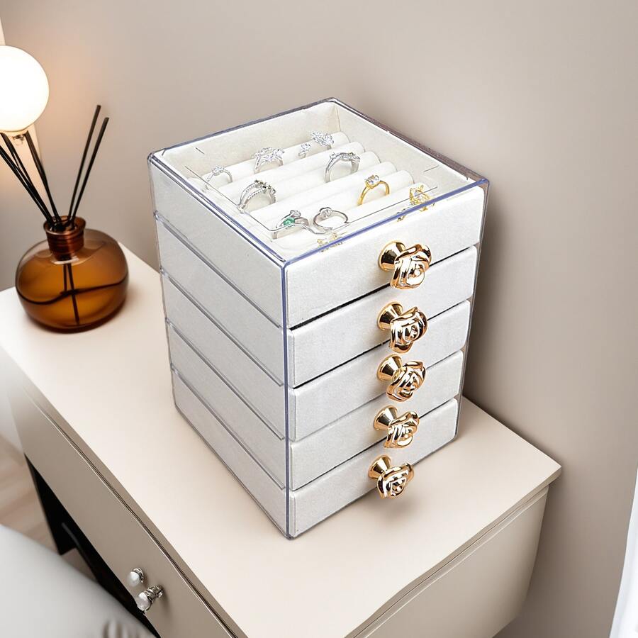 新款迷你五层/三层透明桌面首饰收纳盒，防刮绒面项链戒指展示架，节日礼物