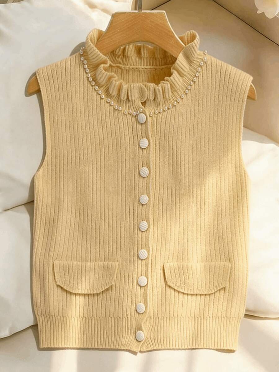 Women's Cream Yellow Ruffled Collar Knit Vest - With Buttons And Pockets, Suitable For St. Patrick's Day And Easter