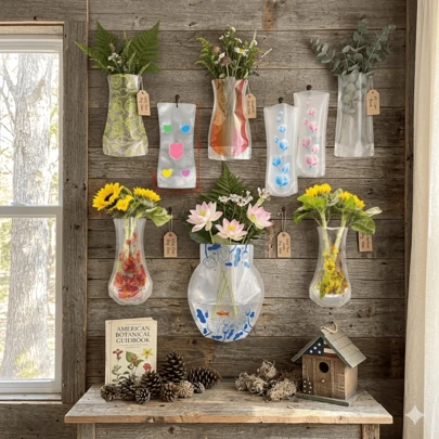 Những chiếc bình trồng cây thủy canh bằng nhựa trong suốt, thiết kế độc đáo, có thể tái sử dụng, cũng có thể dùng làm vật trang trí bàn tiệc trong các dịp lễ và đám cưới, có các kiểu dáng trong suốt, màu vàng chanh, hoa súng và hoa cúc.