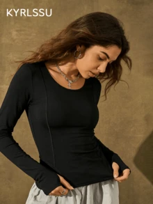 ZULIZ KYRLSSU 女款黑色圆领修身长袖运动上衣，瑜伽运动拇指孔T恤 - 黑色 - 查看 2