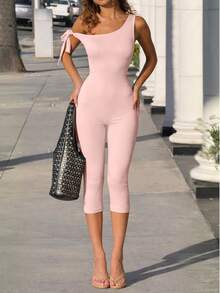 VIVINA Damen Frühling/Sommer einfarbiger asymmetrischer Jumpsuit mit Bindedetail, vielseitig für den Casual Alltag - Babypink - Übersicht 1