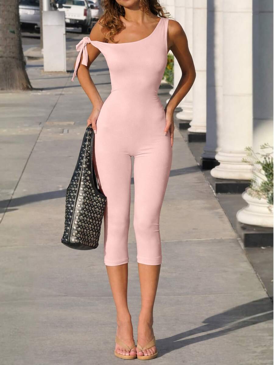VIVINA Damen Frühling/Sommer einfarbiger asymmetrischer Jumpsuit mit Bindedetail, vielseitig für den Casual Alltag - Babypink - Übersicht 1