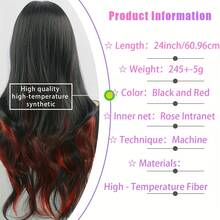 24 Inch Synthetic Wig Designed For Women, With Black And Red Highlights, High Quality Hair Wig - Black - View 5