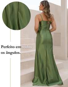 Elegant Bridesmaid Dress With Studded Bust, Adjustable Straps, And Side Slit - Formal For Parties, Evenings, Graduations, And Dinners. - Màu xanh Ô liu - Xem 6