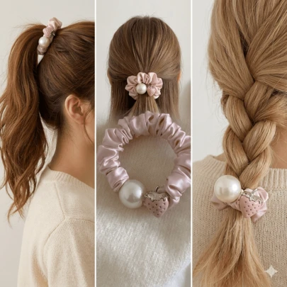 1pc Strawberry Mousse Pink Satin Pleated Elastic Hair Band, Ponytail Holder, Spring/Summer Hair Accessory