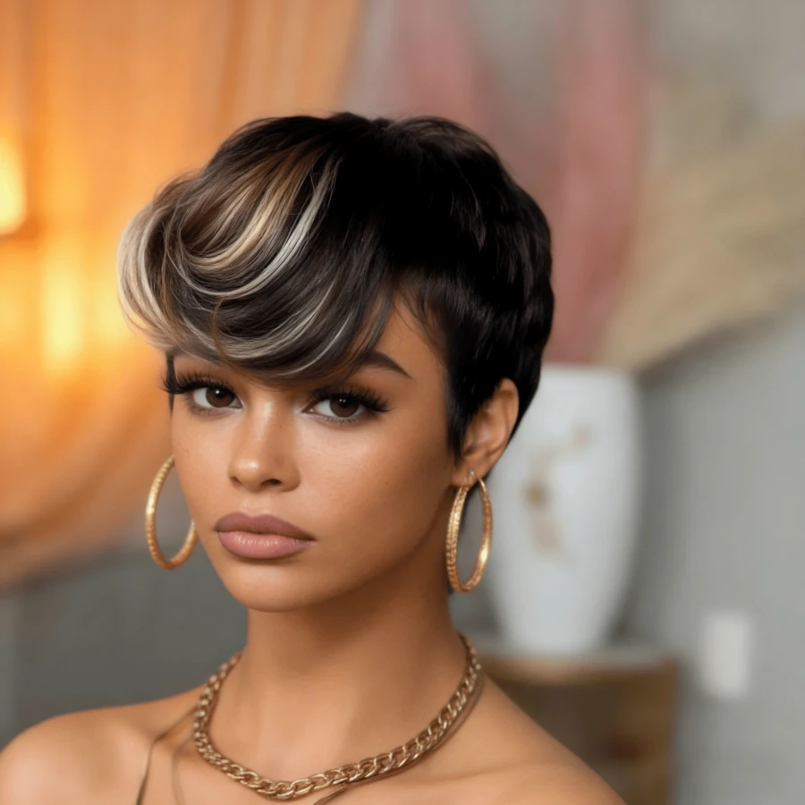 Summer Style Side Part Layered Short Brown Wigs With Gold Red Highlights Realistic Wig Synthetic Easy Install Wigs Whisper Lite Skunk Stripe Hair Edgy Short Pixie Wig Asymmetrical Fringe And Rich Feathery Layers Shades Of Brown Pixie Layered - black with blonde platinum highlights - 查看 1