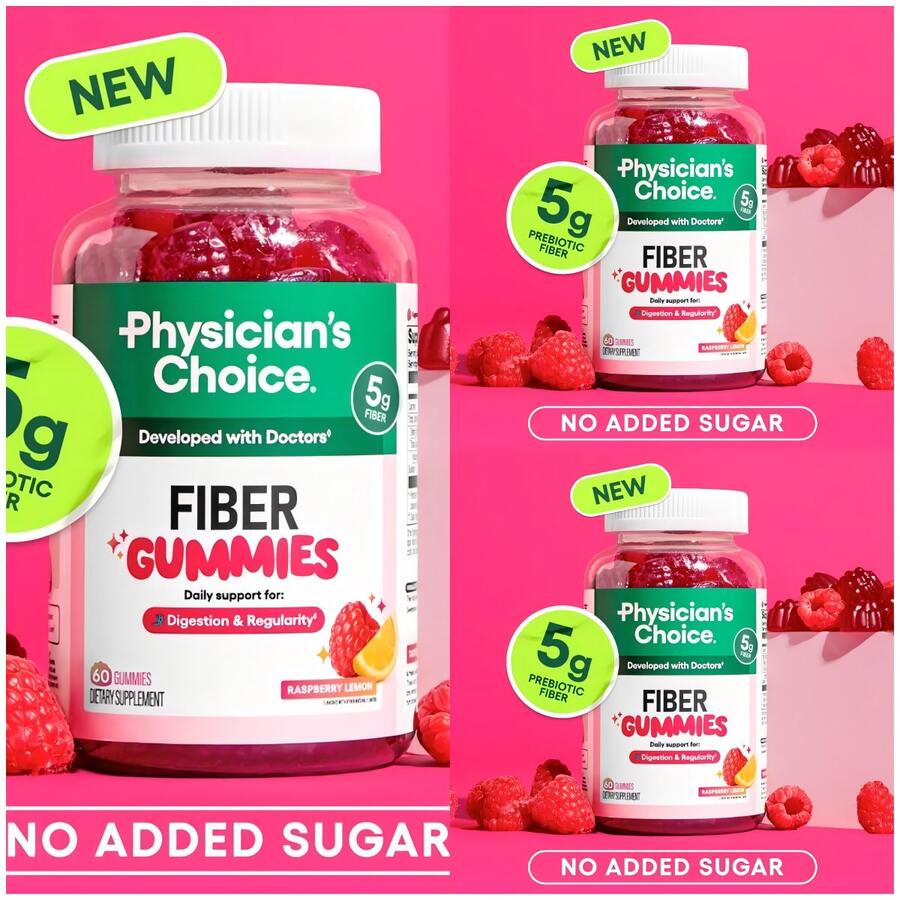 Miriyalyad Physician's Choice Fiber Gummies For Digestive Health & Regularity - Raspberry Lemon Flavor - No Sugar Added & Vegan - Daily Gummy For Adults - 3 - Xem 1