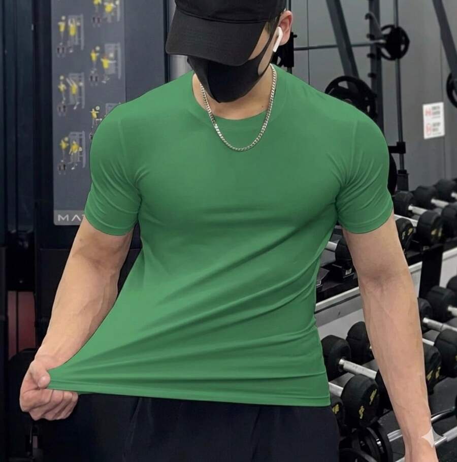Men's Plain Short Sleeve T-Shirt With Elastane Visco Lycra Mesh - 橄欖綠 - 查看 1