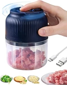 Electric Garlic Chopper, Mini Portable Veggie Cutter With 4 Sharp Stainless Steel Blades, 300ml Capacity Rechargeable Small Sauces Blender For Mashing Onion Garlic Chili Ginger Fruits (Blue) - Blue - View 7