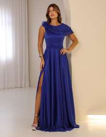 Elegant And Romantic Wedding Guest Dress, Long Maxi Ruffle With Flower, Party, Graduation - 藍色 - 查看 2
