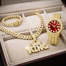 Luxury Iced Out Hip Hop Jewelry Set For Men, KING Pendant Cuban Link Chain Necklace Bracelet & Bling Watch Set, Rapper Style Diamond Look Street Jewelry, T Bling Accessories For Party, Birthday, Anniversary, Valentine's Day Gift For Men - Blue - View 4
