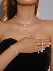 三件套优雅首饰套装：项链、耳环、手链，花卉设计，镶嵌水钻，适合女性日常佩戴、婚礼、派对、母亲节礼物 - 銀色 - 查看 4